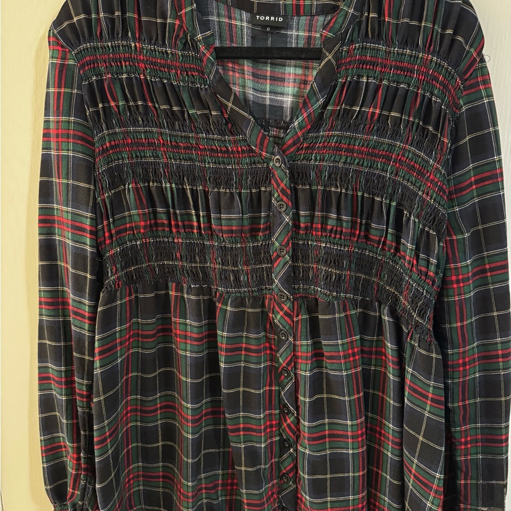 Torrid Navy, Red, and Green Plaid Blouse